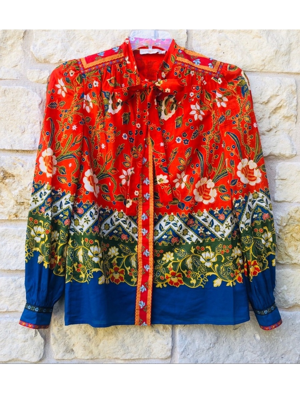 Tory Burch Red, Blue & Green Floral Tie-Neck Button-Down Shirt